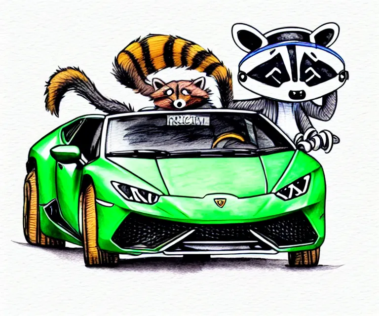 Image similar to cute and funny, racoon wearing a helmet riding in a tiny 2 0 2 0 lamborghini huracan sto, ratfink style by ed roth, centered award winning watercolor pen illustration, isometric illustration by chihiro iwasaki, edited by range murata