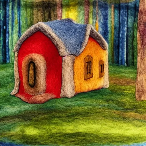 Image similar to small wooden house in the middle of enchanted forest, bright colours, watercolor, volumetric wool felting, macro photography, children illustration, by vacher christophe