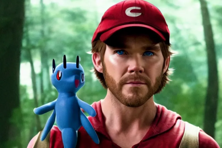 Image similar to live action film still of christ pratt as ash ketchum in the new sci - fi movie