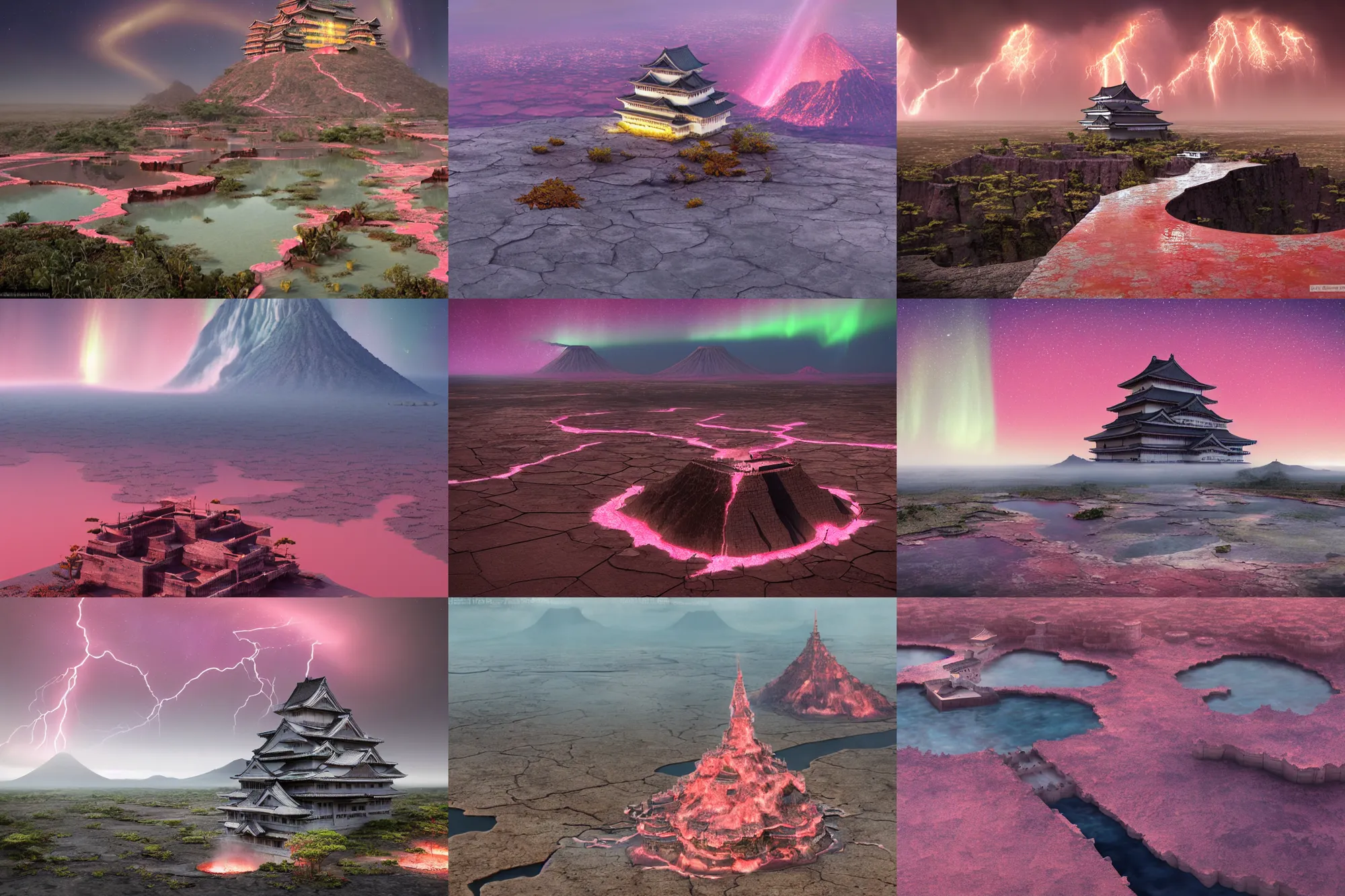 Prompt: himeji castle on danakil depression of the place with acid pools in mount roraima during autumn season on an interstellar aurora borealis with heavy thunder and lightning, pink waterfalls, volcanic eruption, by peter mohrbacher, james jean, james gilleard, greg rutkowski, vincent di fate, rule of thirds, octane render, beautiful landscape