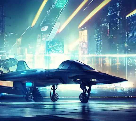 Prompt: futuristic sci fi jet lands at runway of cyberpunk city, night photo ,dark cinematic lighting , digital concept art, bladerunner 2049