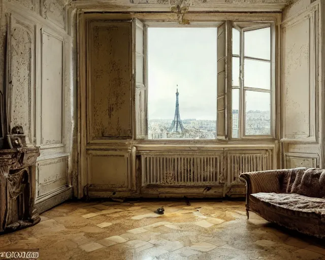 Image similar to an abandoned parisian apartment with and antique furniture with a view of the city, interior design, architecture, key lighting, soft lights, by steve hanks, by edgar maxence, by caravaggio, by michael whelan, by delacroix, by serov valentin, by tarkovsky, 8 k render, detailed, oil on canvas