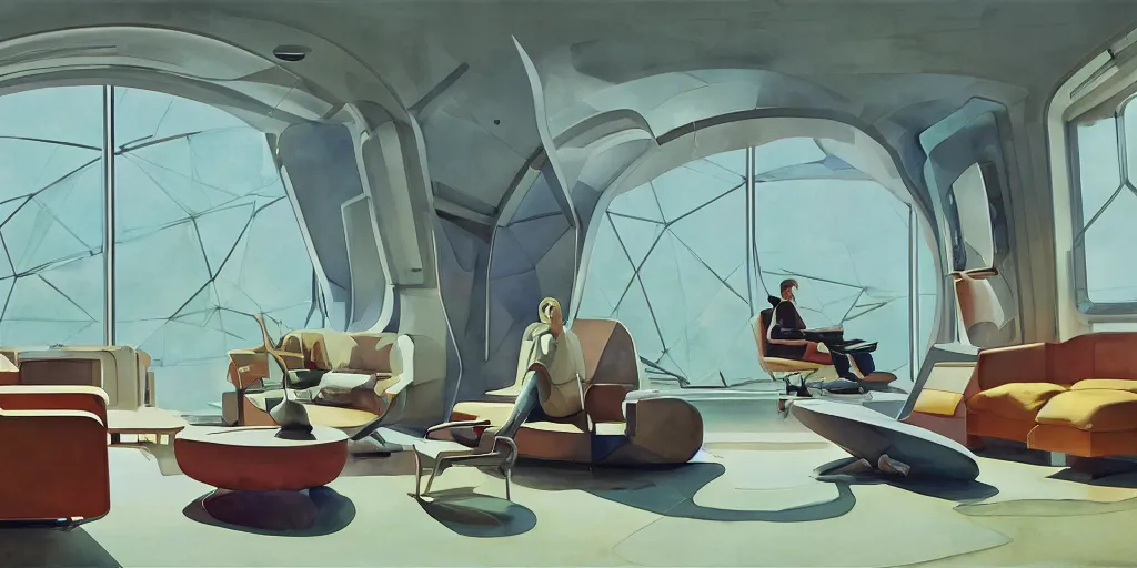 Image similar to a beautiful illustration of futuristic interior studio, lots of furniture, sofa, waiting room, big medium small, sacred geometry, golden ratio, in watercolor gouache detailed paintings, in style of syd mead, trending on artstation, 8 k, panel, hard surface, vent, zaha hadid, props, plant, cozy, decoration,, simon stalenhag, deus ex