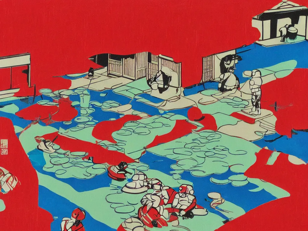 Prompt: close - up image of a japanese red house with a pond, with stormtroopers sitting around it, pop - art style, the style of andy warhol, roy lichtenstein and jackie tsai, bright and saturated palette, acrylic on canvas