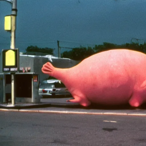 Image similar to a blobfish kaiju trashing a petrol station, cinematic, 35mm VHS copy film grain directed by David Lynch