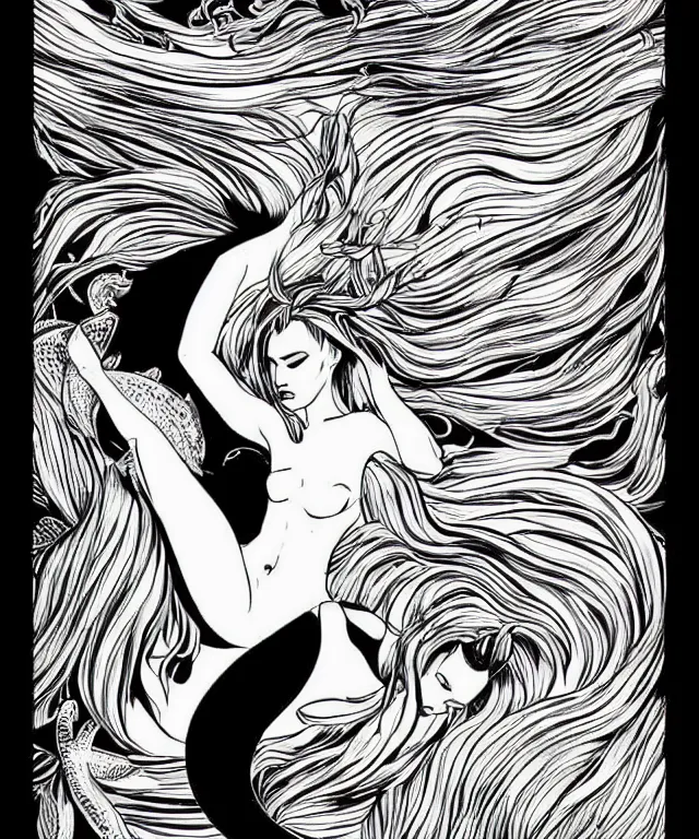 Image similar to black and white illustration, creative design, dark fantasy, fine art, beautiful mermaid, full body, swimming in ocean, fish tail bikini top flowing hair