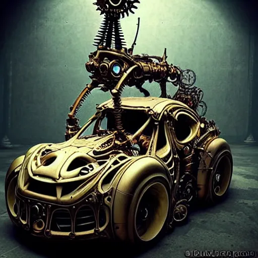 Image similar to biomechanical steampunk vehicle reminiscent of fast sportscar with robotic parts and (glowing) headlights parked in ancient lush palace, gothic and baroque, brutalist architecture, ultradetailed, creepy ambiance, fog, artgerm, giger, Intricate by Ellen Jewett and Josan Gonzalez and Giuseppe Arcimboldo