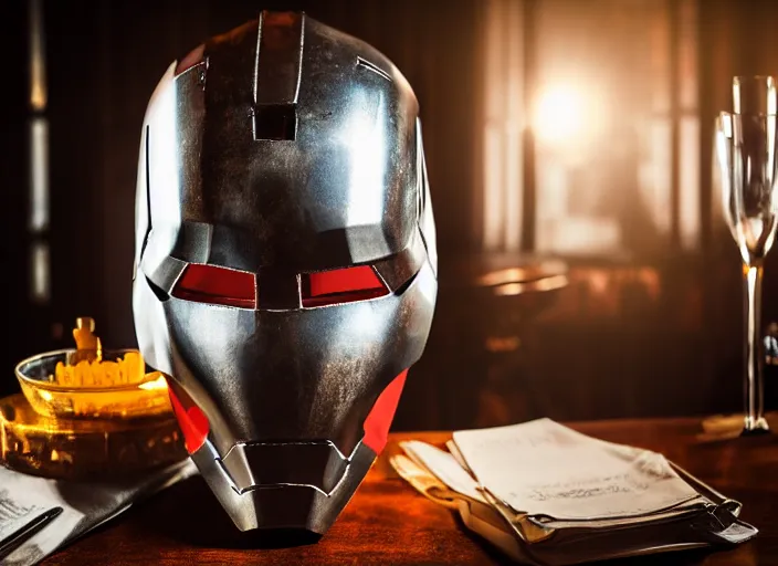 Prompt: a reflective steel engineering ironman mask at a high end bar in a medieval themed castle in golden afternoon light, professional food photography