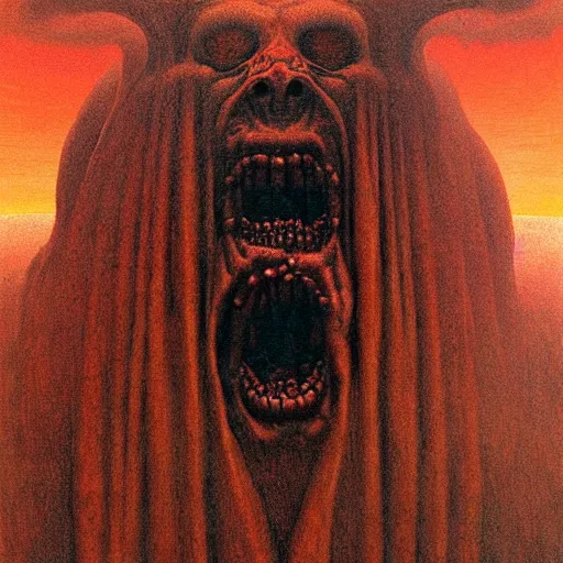 Prompt: gygas from earthbound, dark demonic grotesque hellscape, detailed masterpiece painting by zdzisław beksinski
