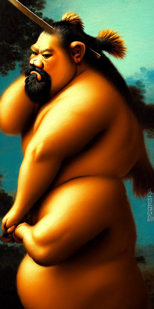 Prompt: close up of sumo lion barbarian hunter full body in portrait pose, sun rays , small bird sihouettes in cyan background , very textured detailed oil painting by rembrandt , hard backlight , in dark cave