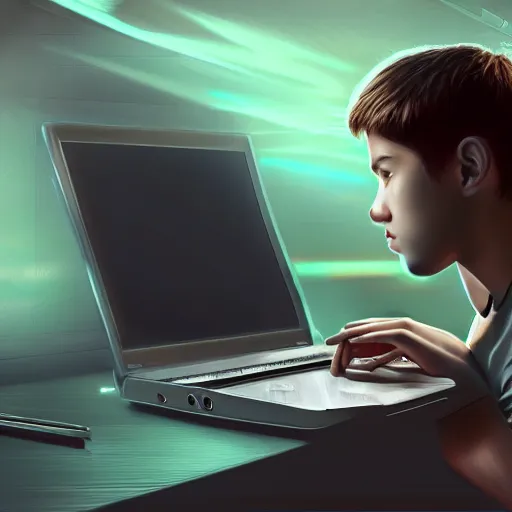 Prompt: realistic teenager using laptop in super tech room, artstation trends, concept art, highly detailed, intricate, sharp focus, digital art, 8 k