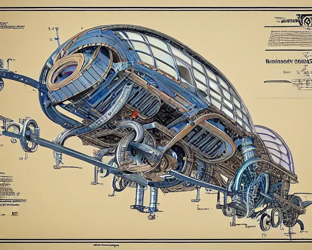Prompt: a full page of a mechanical blueprint showing a cutaway design for a mechanized brontosaurus from howl's moving castle ( 2 0 0 4 ), with people inside piloting it, muted colors, post grunge, studio ghibli, hq,