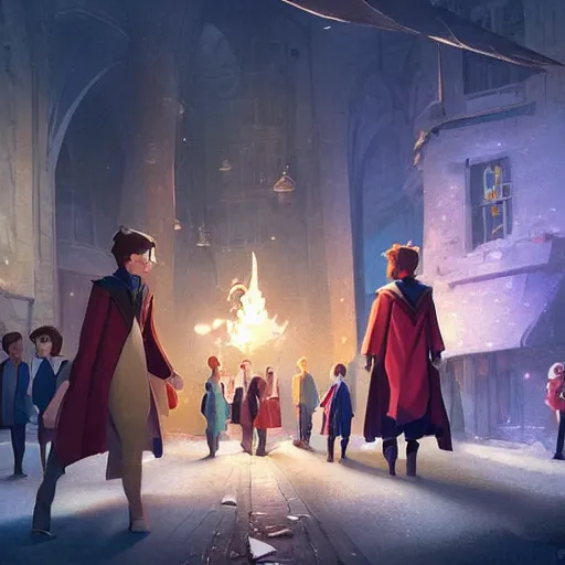 Prompt: a wholesome animation key shot of harry potter students, fantasy, colorful, pixar and disney animation, sharp, very detailed, high resolution, key art by greg rutkowski, bloom, dramatic lighting