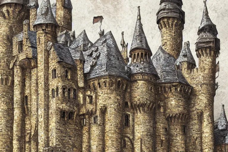 Image similar to A medieval castle, texture, intricate, details, highly detailed, masterpiece, architecture, building, trending on artstation, focus, sharp focus, concept art, digital painting, fantasy, D&D, tabletop, rpg, roleplay, sunny, day, midday, photograph, still