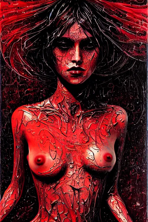 Prompt: dreamy gothic girl, long black leather, wet red brush, beautiful woman body, detailed acrylic, grunge, intricate complexity, by dan mumford and by alberto giacometti, peter lindbergh