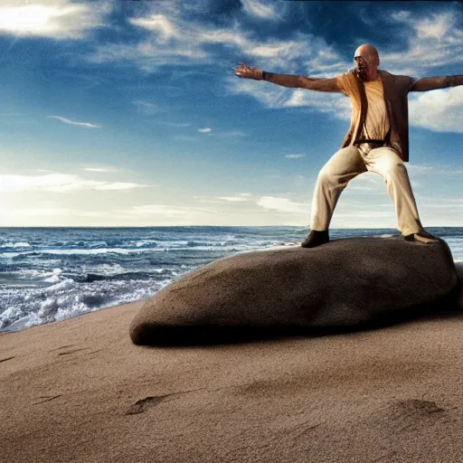 Image similar to Walter White hugging The Rock on the beach, artistic, 8k, cinematic