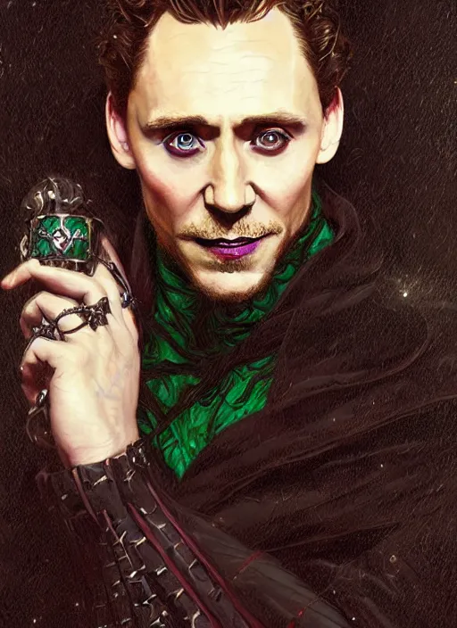 Image similar to portrait of tom hiddleston as a vampire lord, jewelry, greek, emerald, intricate, headshot, highly detailed, digital painting, artstation, concept art, sharp focus, cinematic lighting, illustration, art by artgerm and greg rutkowski, alphonse mucha, cgsociety