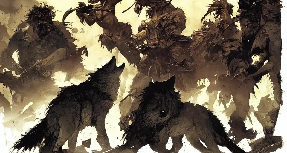 Image similar to WOLVES AND THEIR TREASURES. By Travis Charest, James Gurney, and Ashley Wood. magic lighting. Magic the gathering. digital painting.