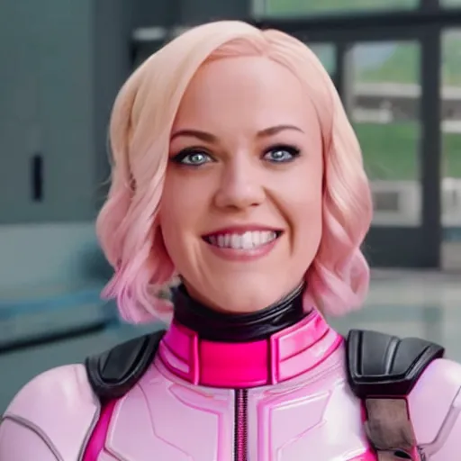 Image similar to A still of Gwenpool in Deadpool 3 (2023), blonde hair with pink highlights, no mask, white and light-pink outfit, smiling and winking at the camera, comics accurate design