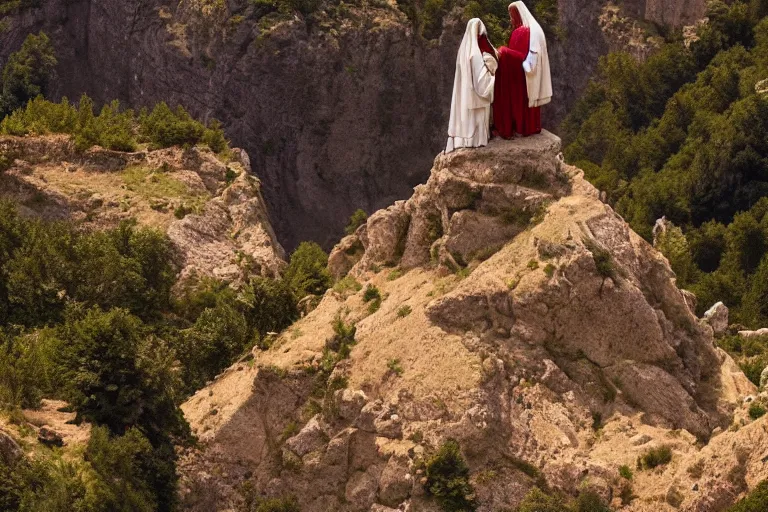 Image similar to a unique digital photo of jesus and mary magdalene standing on a cliff looking over a beautiful landscape in france, rennes - le - chateau, award winning photo, very detailed, very realistic cinematic