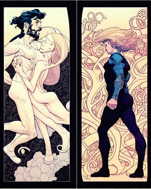 Prompt: a handsome man and a beautiful woman back to back artwork by james jean, Phil noto and rebecca guay