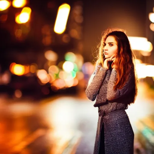 Image similar to award winning photo of a pretty young woman gazing into the distance longingly, she is in the rain at night surrounded by neon lights, bokeh, 5 0 mm, f 1. 8