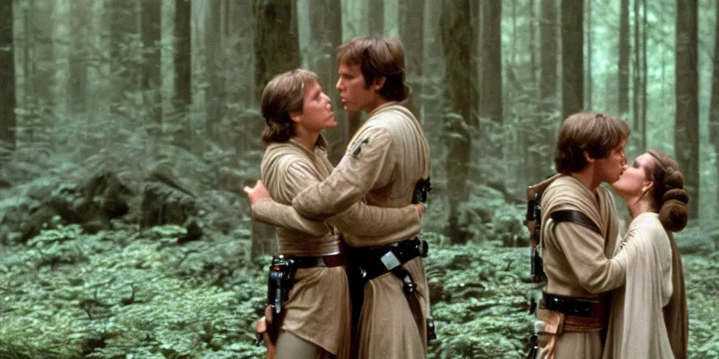 Image similar to luke skywalker, princess leia and han solo hugging and kissing in the forest of endor at the end of return of the jedi