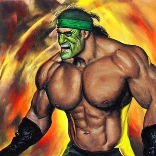 Image similar to wrestler hulk hogan, photorealistic, ring of fire, painted by simon bisley