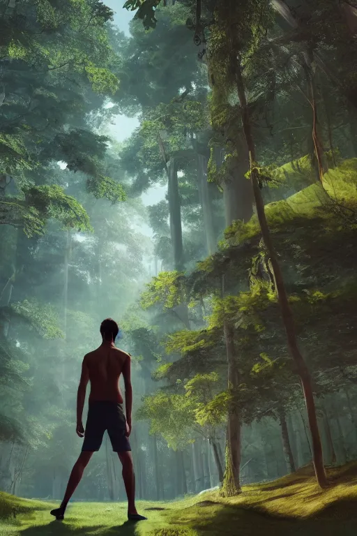 Image similar to young man with wavy black shoulder length hair, muscular back, plain cotton shorts, back view, trees, detailed forest background, webtoon, breathtaking scenery, colourful, 8 k, graphic novel, digital art trending on artstation, volumetric lighting, octane render, cinematic, hyper detailed, magical atmosphere