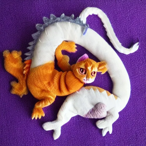 Image similar to purple tiny dragon snuggling orange tabby cat, orange tabby hugging purple tiny dragon