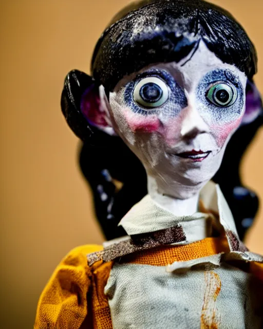 Prompt: a creepy paper mache doll of a coraline, realistic, very detailed, complex, intricate, studio lighting, bokeh, sigma 5 0 mm f 1. 4