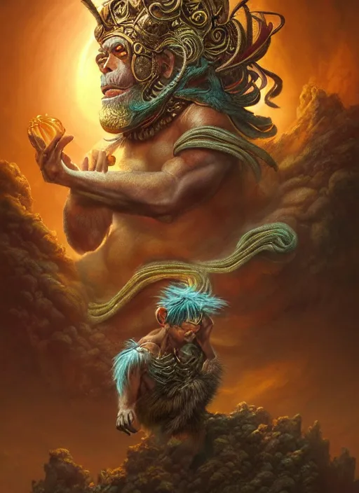 Image similar to the monkey king, in the style of tomasz alen kopera and fenghua zhong and peter mohrbacher, mystical colors, rim light, beautiful lighting, 8 k, stunning scene, raytracing, octane, trending on artstation