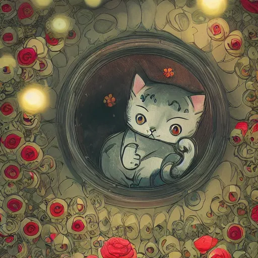 Image similar to A cute maneki neko waving, flowers around, D&D, fantasy, intricate, cinematic lighting, highly detailed, digital painting, artstation, concept art, smooth, sharp focus, illustration, art by Akihiko Yoshida, Greg Rutkowski and Alphonse Mucha