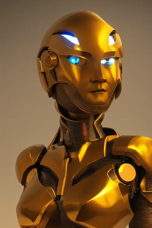 Prompt: maria of metropolis, humanoid robot, golden full body armor, beautiful helmet in the shape of a face, cyborg eyes glowing yellow, scifi, futuristic, raytracing, glowwave, sharp focus, cinematic lighting, artstation, divine, unreal engine 5 rendered, by fritz lang, art style by pixar warner bros dreamworks disney riot games and overwatch