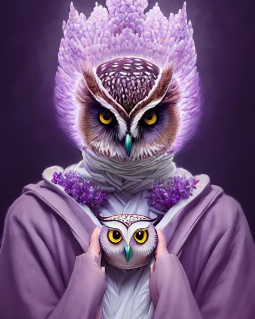 Image similar to anthropomorphic art of an owl king, in a lilac royal robe, by artgerm, victo ngai, ryohei hase, artstation, highly detailed digital painting, smooth, global illumination, fantasy art by greg rutkowsky, karl spitzweg, leyendecker