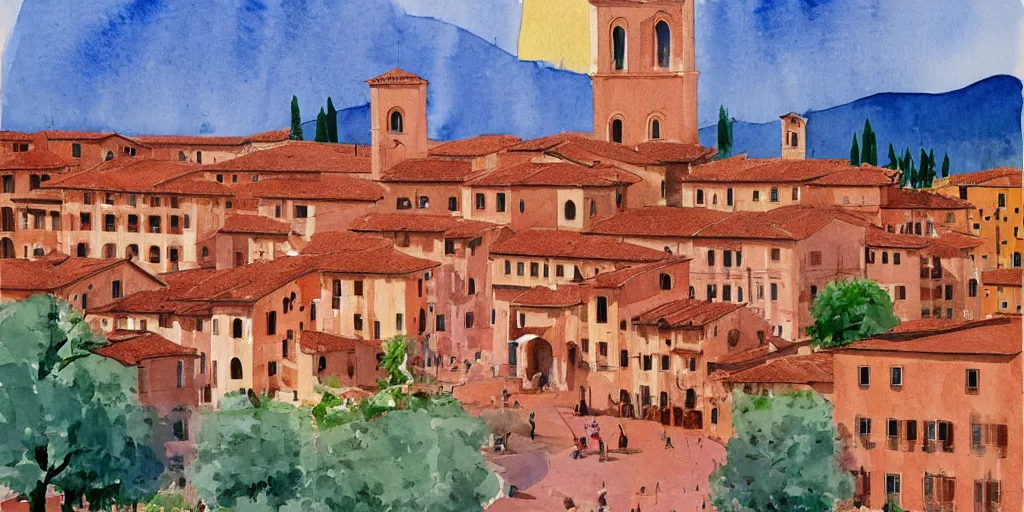 Prompt: watercolor, verona city by david hockney