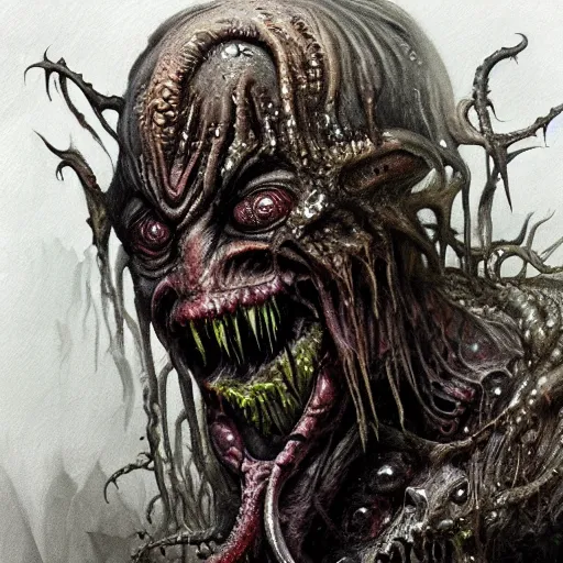 Prompt: Dark fantasy Painting of a hulking muscular demonic flesh creature covered in boils with drool dripping from its mouth, hr giger muscles, tentacles growing from its face, rising out of the depths of the foggy water, full body, disgusting, creepy, unsettling, horror, intricate, wild, highly detailed, digital painting, artstation, concept art, smooth, sharp focus, illustration, art by artgerm and greg rutkowski and alphonse mucha