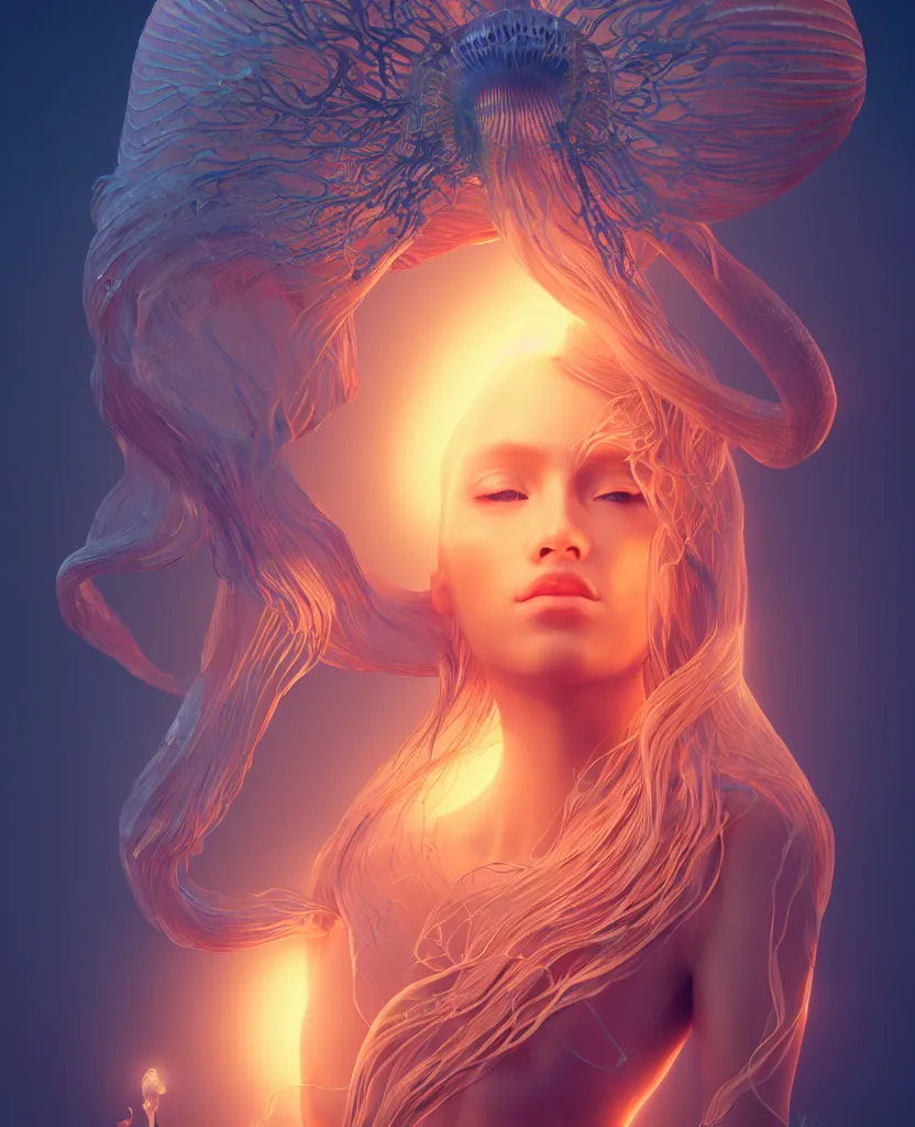 Prompt: goddess portrait. jellyfish phoenix head. nautilus butterfly intricate artwork by Tooth Wu and wlop and beeple. octane render, trending on artstation, greg rutkowski very coherent symmetrical artwork. cinematic, hyper realism, high detail, octane render, 8k