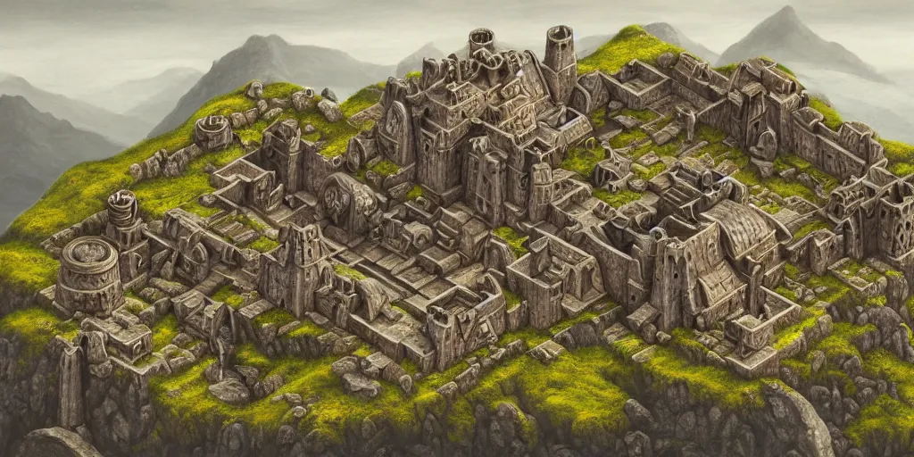 Prompt: isometric view of a dwarven fortress at the edge of a mountain range, matte oil painting, landscape, medieval fantasy, epic, capital site, smelters, forges, waterwheels, chiseled architecture, ornate, trading depots, extremely detailed, sharp focus