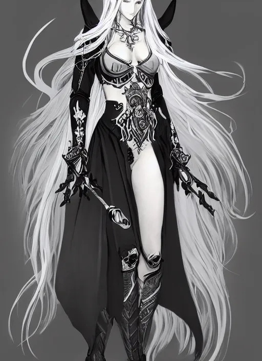 Prompt: Full body portrait of a beautiful elven female mage with black and white hair in ornate gray mage robe. In style of Yoji Shinkawa and Hyung-tae Kim, trending on ArtStation, dark fantasy, great composition, concept art, highly detailed.