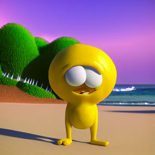 Image similar to 3 d octane render, of an anthropomorphic lemon character inspired by cartoon adventure time with lemon skin texture, it is wearing a hat, building a sandcastle on the beach at sunset, beach, huge waves, sun, clouds, long violet and green trees, rim light, cinematic photography, professional, sand, sandcastle, volumetric lightening