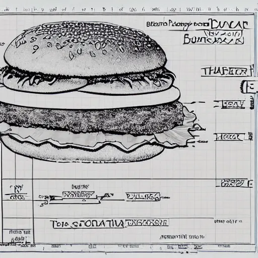 Image similar to An accurate blueprint design of a hamburger