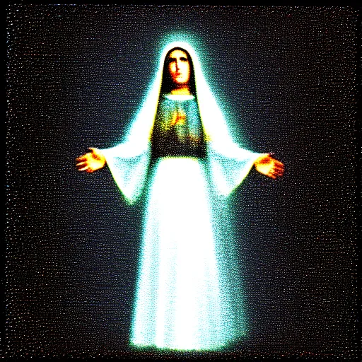 Prompt: vhs static overlay of marian apparition, vhs, 1 9 9 0, highly realistic, highly detailed, vhs noise static, black and white, vhs glitch