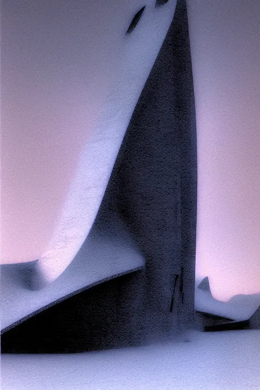 Image similar to emissary space by arthur haas and bruce pennington and john schoenherr, photo realism, cinematic matte painting, minimal modern, zaha hadid building in the mountains with falling snow, dark monochrome color palate, pink sunset,