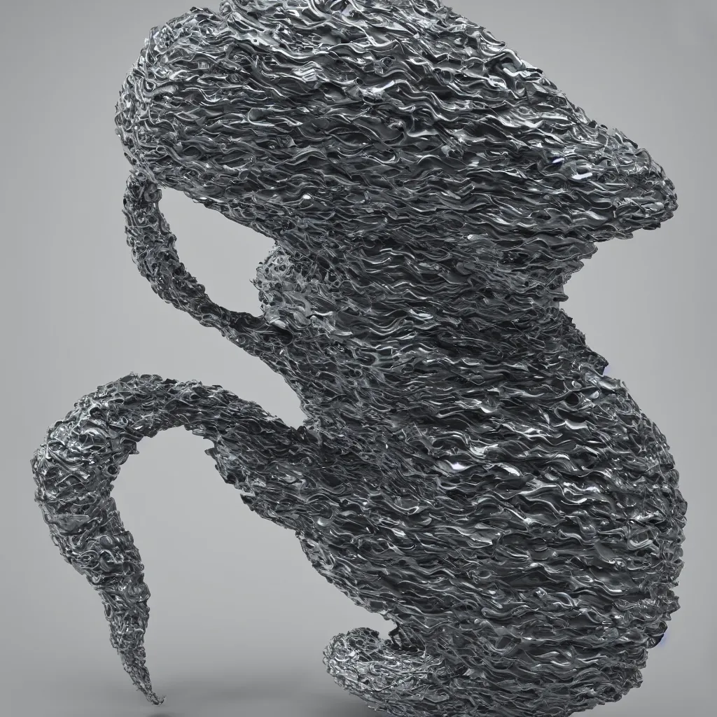 Image similar to 3 d render of an organic sculpture, waves and steps, chrometype, liquid metal, neotribal, raytraced, volumetric lightning, 8 k, by zhelong xu and innate studio