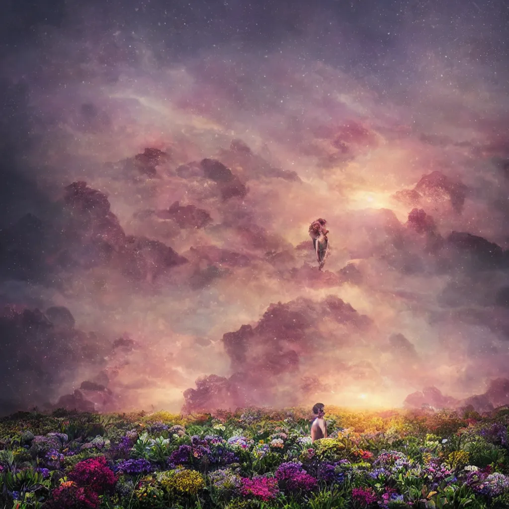 Image similar to a planet of various flowers, fungus and plants, in which the human figure is dressed in something magical and impressive, inside the picture is infinity, sunset light, Atmospheric phenomenon, artistic photography, muted colors, conceptual, long exposure outside the city