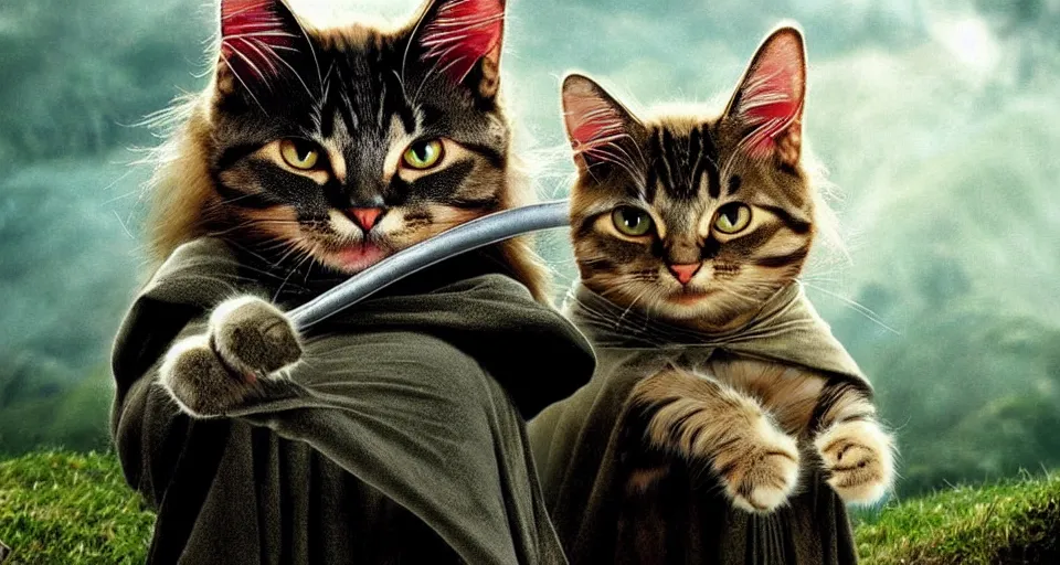 Prompt: if cats were lord of the rings characters, lotr, cats, cats dressed in lotr costumes, the fellowship of the ring as cats, hobbits, gandalf, elves, dwarves, multiple cats, 4 k, hyper realistic, artstation