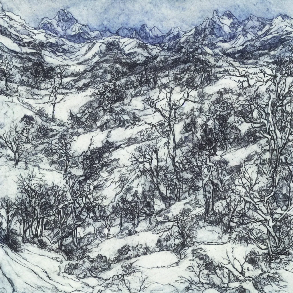 Prompt: Alps landscape in winter, by Arthur Rackham