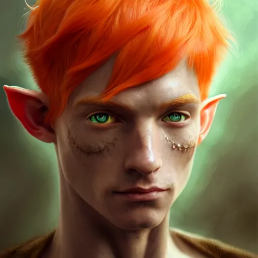 Prompt: portrait painting of an elven eladrin young man with short light orange hair and freckles and fine tribal tattoos on his cheekbones, ultra realistic, concept art, intricate details, eerie, highly detailed, photorealistic, octane render, 8 k, unreal engine. art by artgerm and greg rutkowski and charlie bowater and magali villeneuve and alphonse mucha