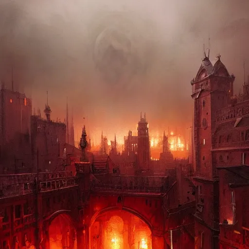 Prompt: A painting of a medieval city burning, dark fantasy, smoke rising from the buildings towards the skies, big red moon in the skies, rain, fog, hyper detailed, by Greg Rutkowski, trending on artstation